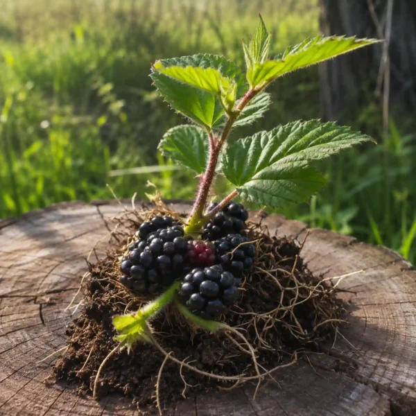 Esqueje de zarzamora enraizado Esqueje de zarzamora listo para ser plantado, ideal para propagar nuevas plantas y cultivar frutos frescos en tu jardín.